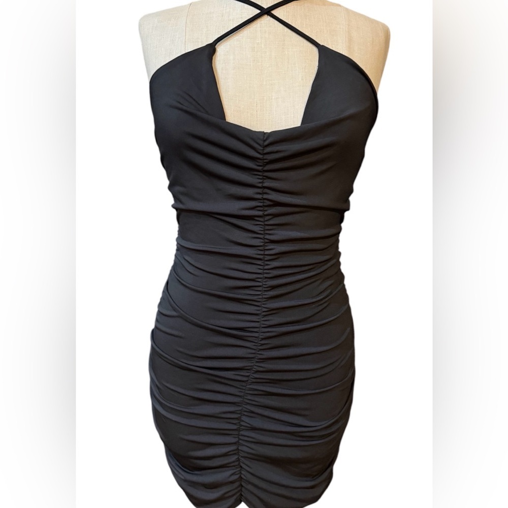 NWT‎ Papaya Elegant Black Ruched Halter Dress Size Large